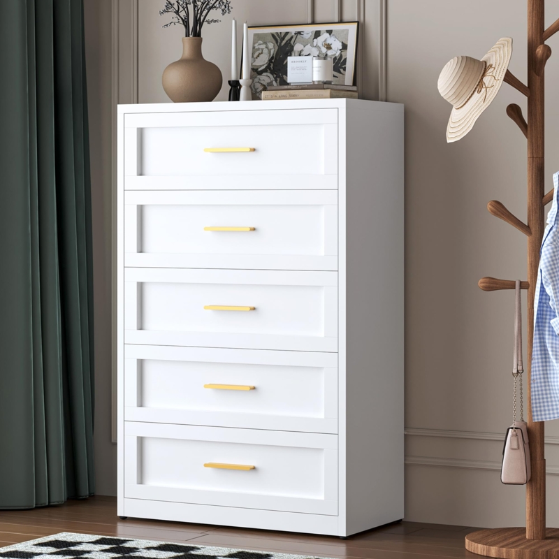 Tall Dresser with Gold Bar Pulls and Transitional Storage