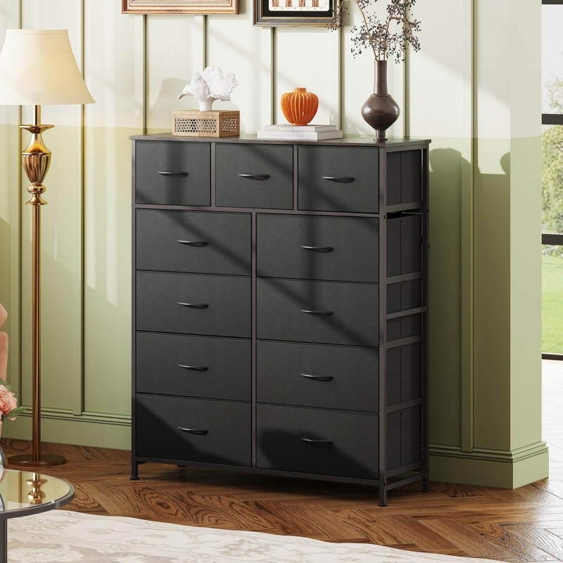 Tall Fabric Drawer Dresser 11 Bins Dark Black Steel Frame