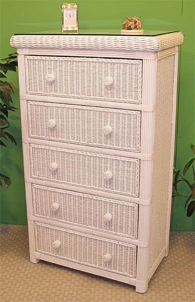 Tall Five Drawer Wicker Chest with a Protective Glass Top