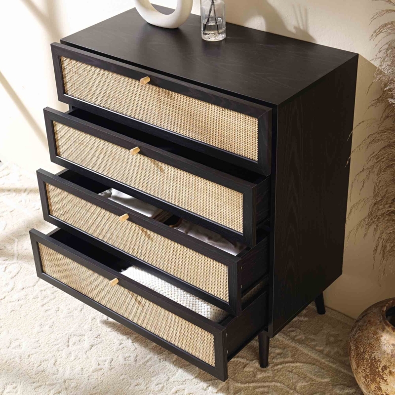 Tall Four-Drawer Dresser, Woven Rattan Panels, Round Wooden Knobs, Black