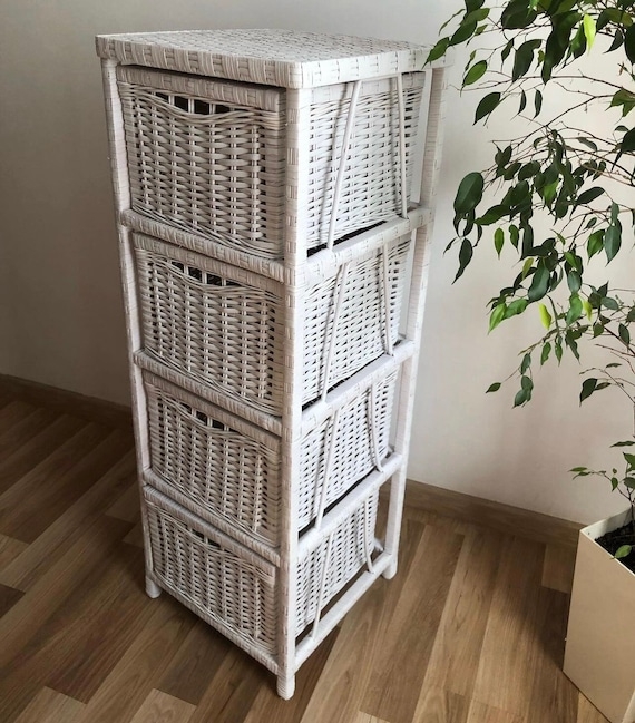 Tall Narrow Chest of Drawers with Whitewashed Wicker Texture