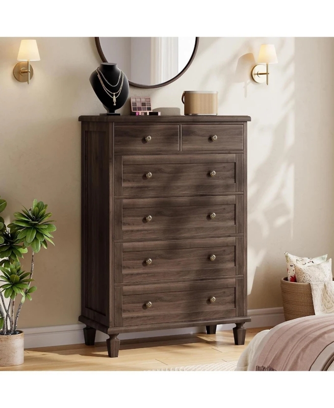 Tall Six-Drawer Chest Dark Espresso Brown, Tapered Bun Feet Vintage