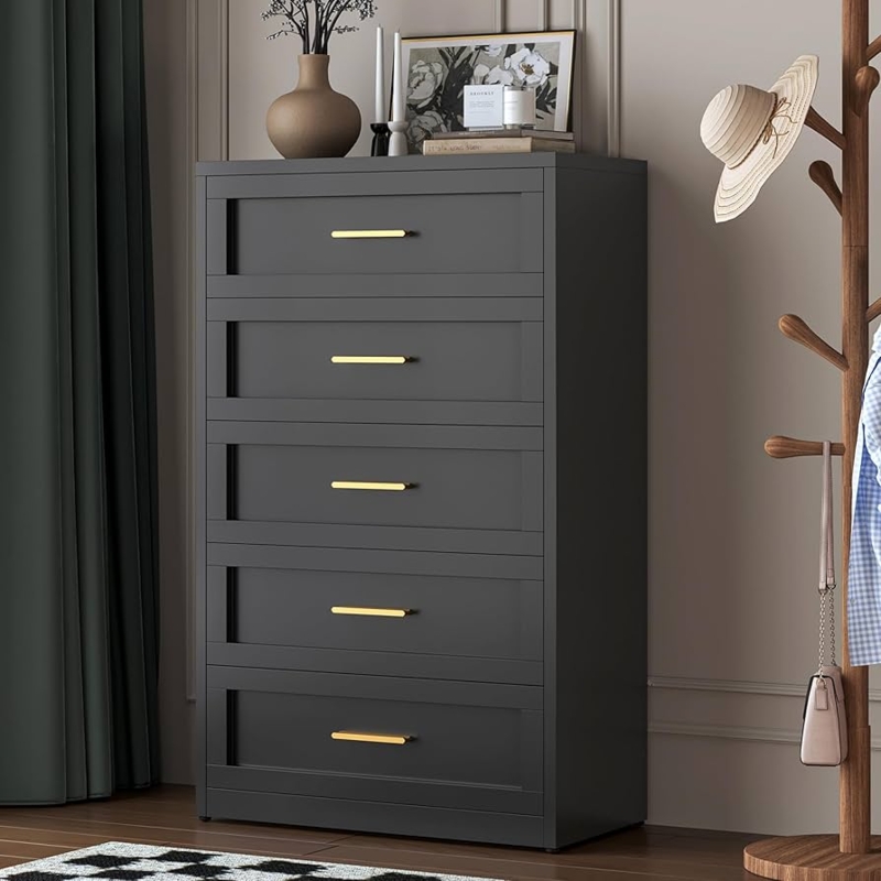 Tall Vertical Chest with Gold Bar Pulls and Recessed Drawer Fronts