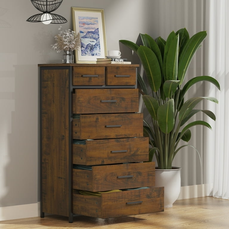 Tall Vertical Dresser, Seven Mixed Size Drawers, Black Metal Frame