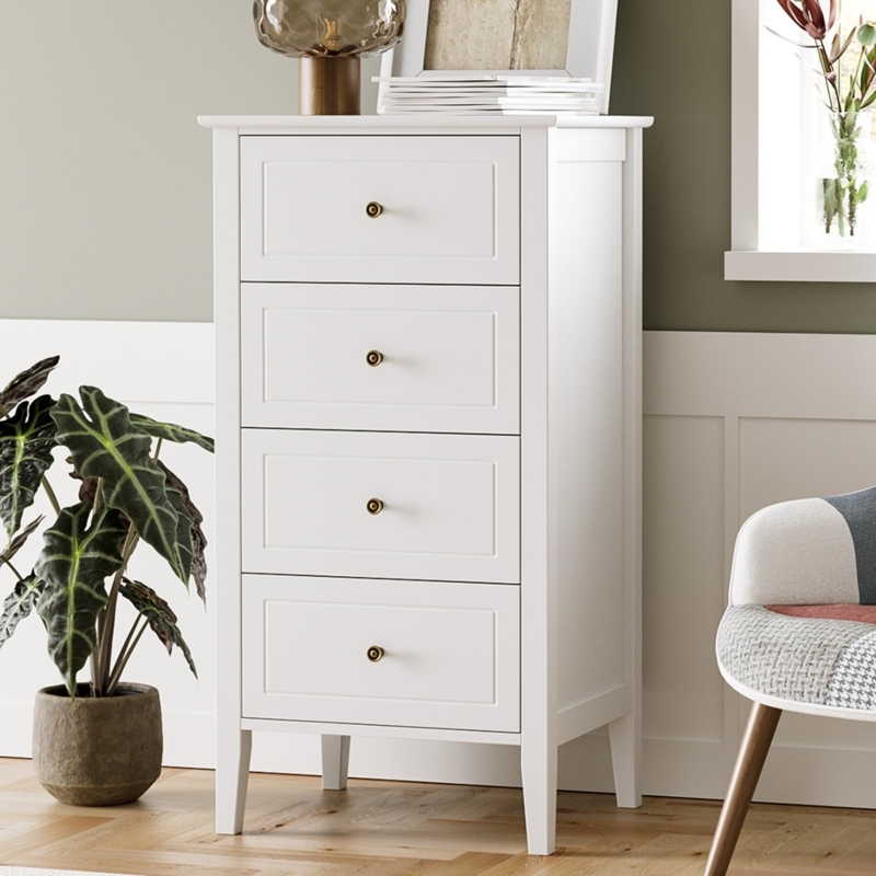 Tall White 4-Drawer Chest with Brass Knobs and Recessed Panels