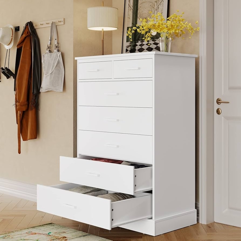 Tall White Bedroom Dresser with Split Top Drawers and Slim Handles