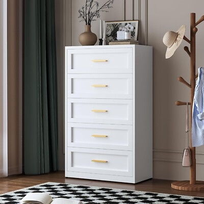 Tall White Chest of Drawers Gold Bar Pulls Recessed Panels
