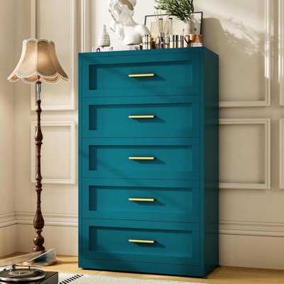 Teal Narrow Chest of Drawers with Gold Handles