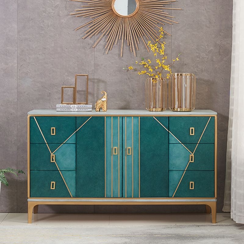 Teal Storage Chest with Geometric Gold Inlay and Stone-Like Top
