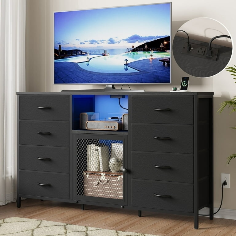 Tech-Friendly Black Media Dresser with Mesh Door and Blue LED Lighting