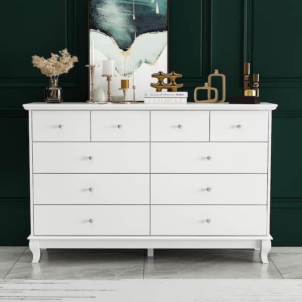 Ten Drawer Double Dresser, Bracket Feet, Transitional Elegant Storage