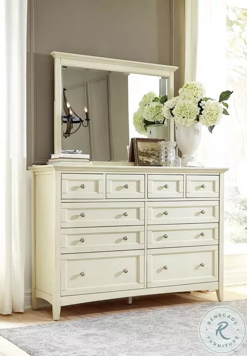 Ten-Drawer Dresser with Linen White Finish and Recessed Shaker Panels