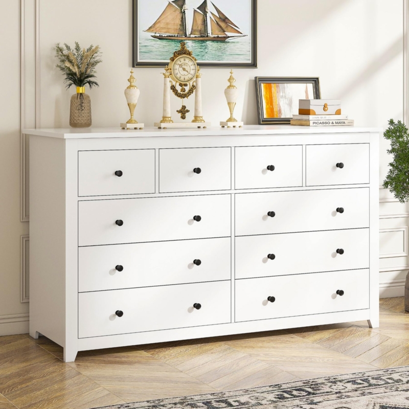 Ten Drawer White Double Dresser with High Contrast Black Knobs