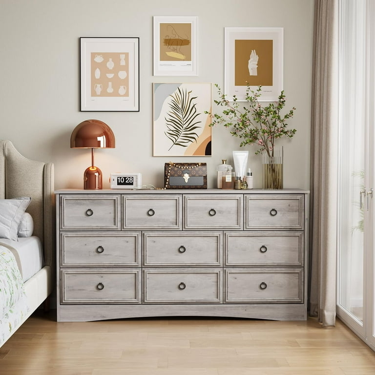 Ten-Drawer Wide Dresser with Ring Pulls in Weathered Gray