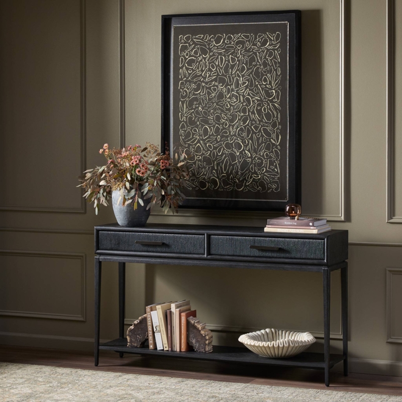 Textured Drawer Front Console Table, Matte Black Oak Finish