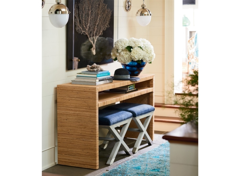 Textured Grasscloth Console Table with Waterfall Edge & Nested Stools