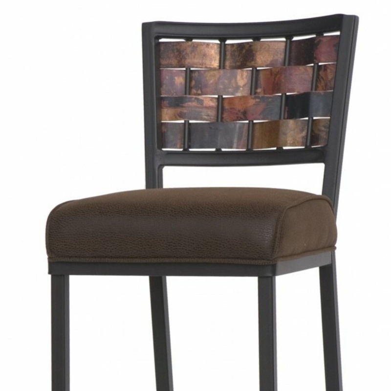 Textured Metal Bar Stool with Brown Leather-Like Upholstery
