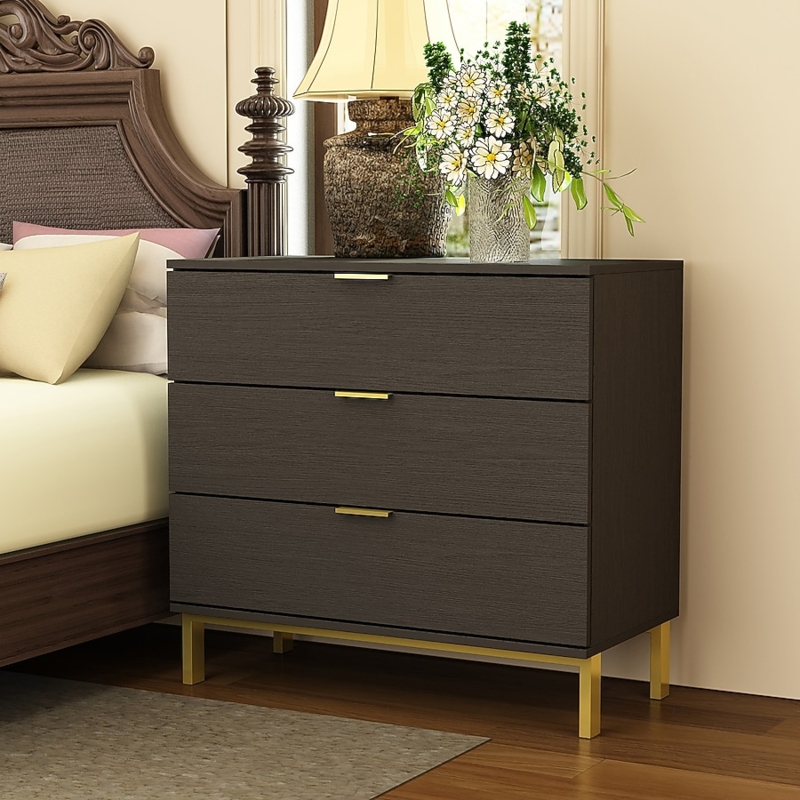 Three-Drawer Chest Charcoal Textured Finish Gold Metal Base Modern