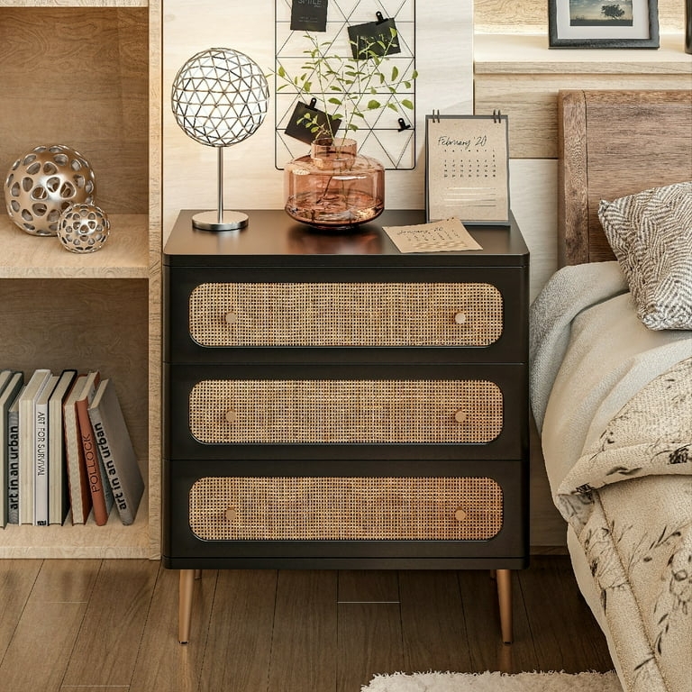 Three-Drawer Chest, Rounded Corner Silhouette, Woven Cane Panels, Black