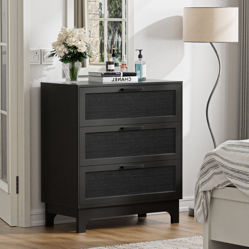 Three-Drawer Dresser, Arched Base, Woven Rattan-Textured Fronts, Matte Black