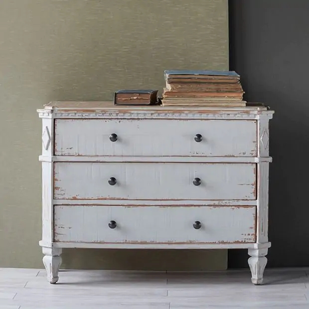 Three-Drawer Dresser Distressed Whitewash Dental Molding Cottage