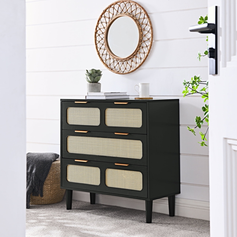Three-Drawer Dresser, Wide Drawers, Rattan-Inlay Panels, Gold-Toned Pulls