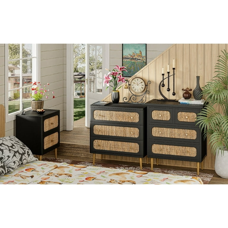 Three-Drawer Dresser, Woven Cane Drawer Fronts, Gold-Toned Tapered Legs