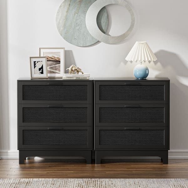 Three-Drawer Dresser, Woven Mesh Fronts, Cutout Base, Black, Slim Pulls