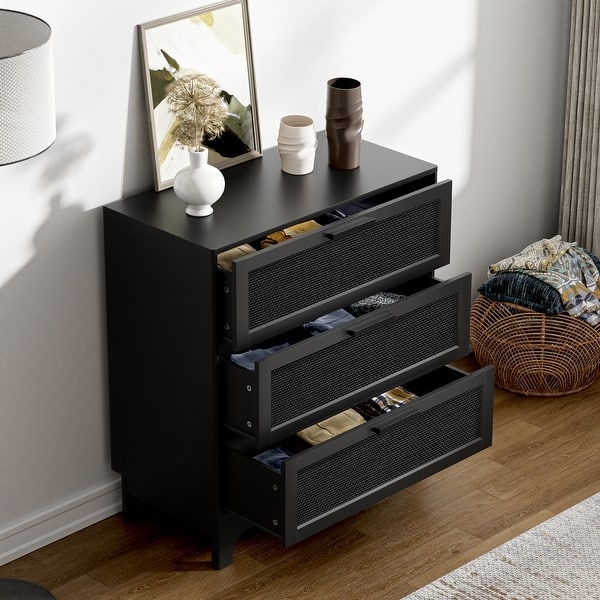 Three-Drawer Dresser, Woven Mesh Fronts, Cutout Plinth Base, Matte Black