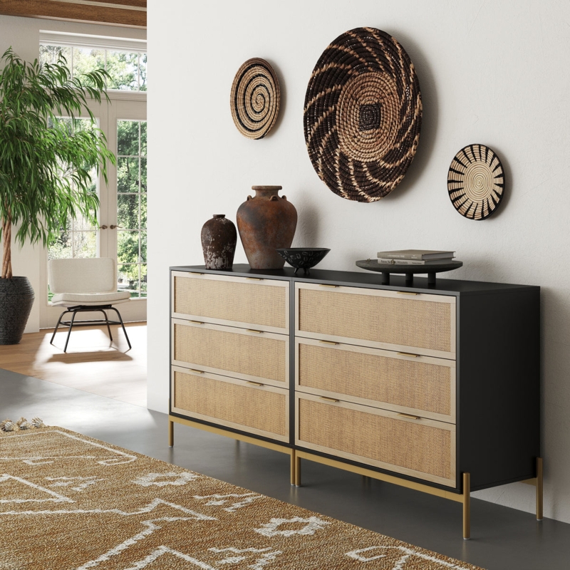 Three-Drawer Dresser, Woven Rattan Fronts, Gold Metal Base, Matte Black