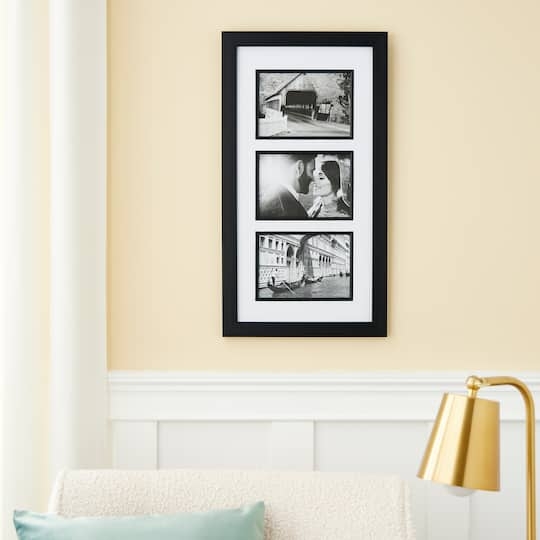 Three Opening Mat Collage Frame Matte Black Vertical Traditional