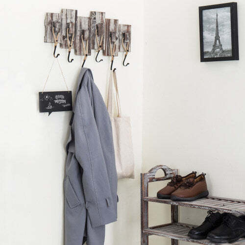 Torched Wood Wall Rack, Rope Suspended Hooks, Rustic Style
