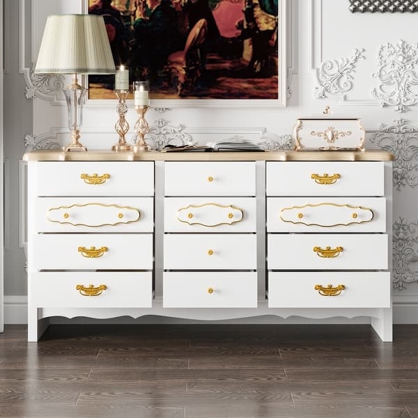 Traditional 12-Drawer Dresser: White Body with Pine Wood Top (69 chars)