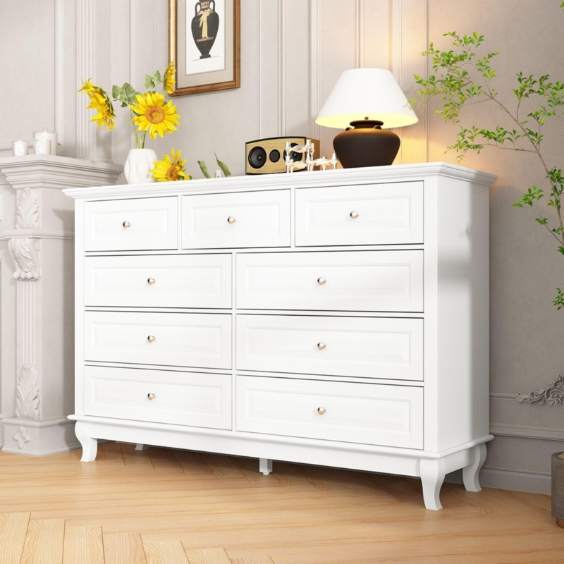 Traditional 9-Drawer Chest, Silver Knobs & Curved Legs