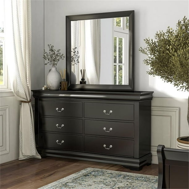 Traditional Black Double Dresser with Satin Finish and Bail Pulls
