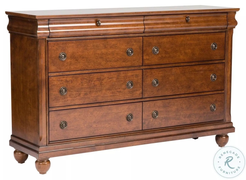 Traditional Cherry Finish Dresser with Ring Pulls and Bun Feet