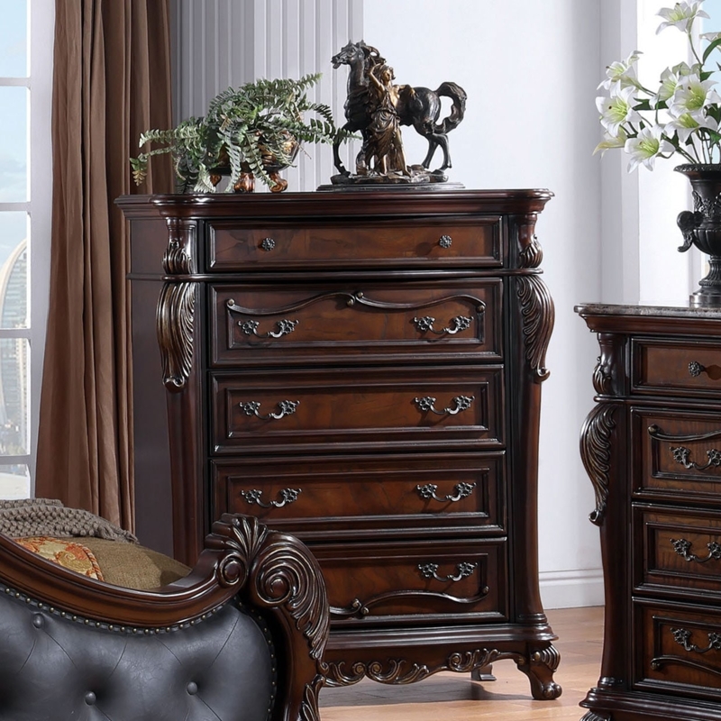 Traditional Chest of Drawers Mahogany Finish Scrolled Pilasters