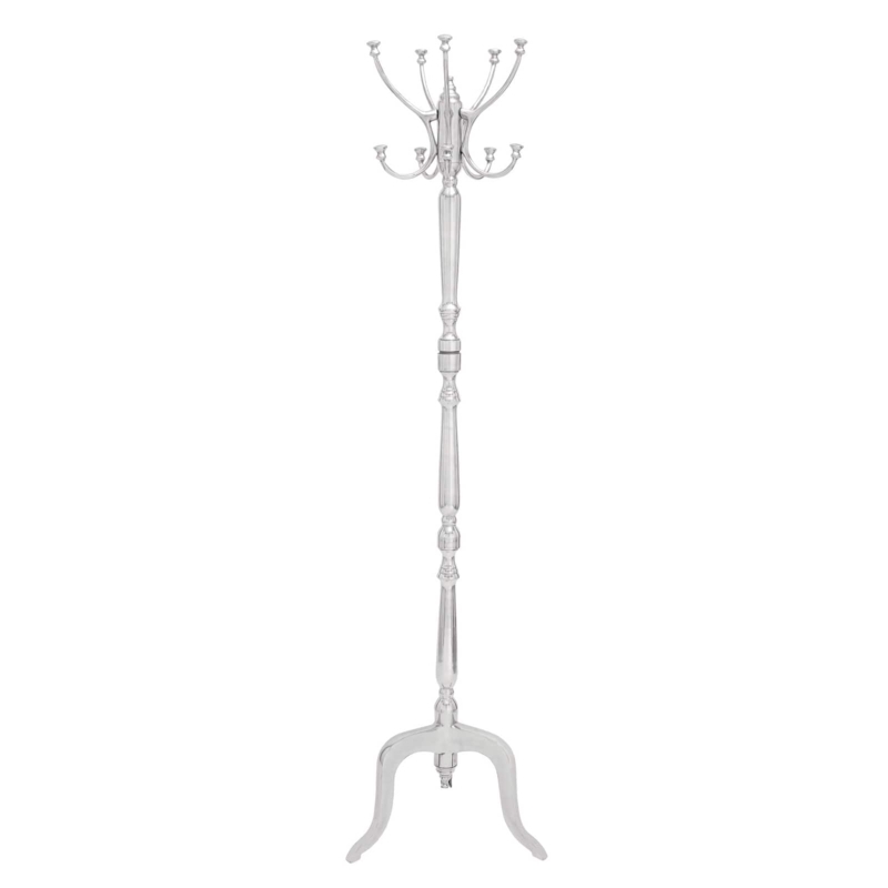 Traditional Coat Rack, Polished Silver Scrolled Hooks, Turned Post
