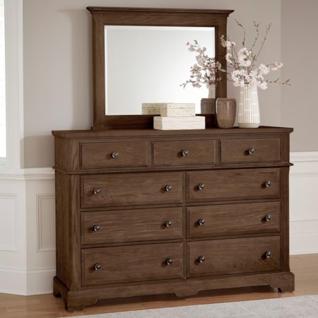 Traditional Dark Heritage Dresser with Nine Drawers and Framed Mirror