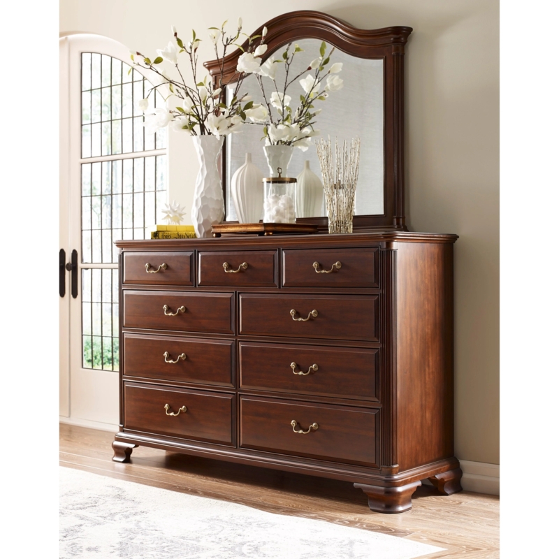 Traditional Dark Wood Dresser Set: Arched Mirror & 9 Drawers
