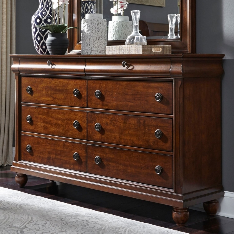 Traditional Double Dresser in Warm Brown Wood with Bun Feet