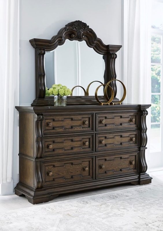Traditional Dresser with Geometric Recessed Drawers and Carved Mirror