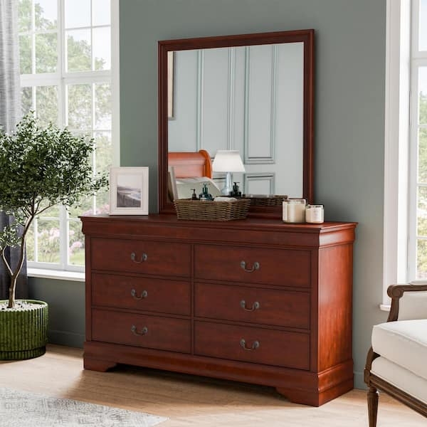 Traditional Dresser With Matching Mirror Cherry Finish