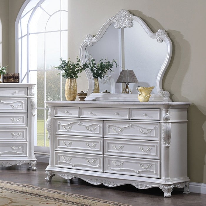 Traditional Dresser with Rose Crest Carving and Scrollwork Detail