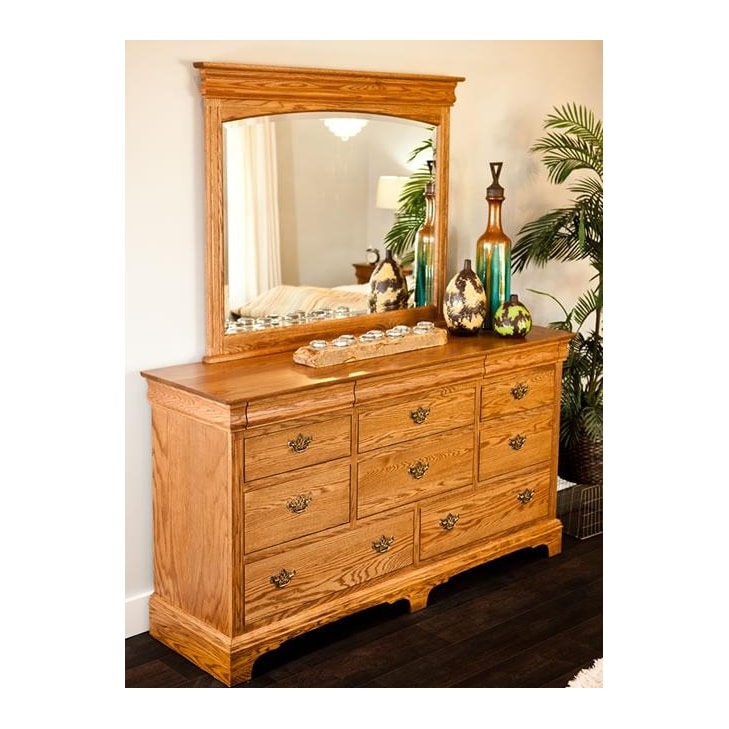Traditional Honey Oak Dresser with Arched Mirror and Eight Drawers