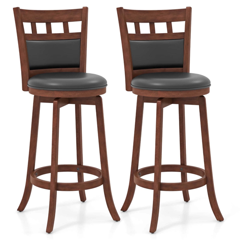 Traditional Swivel Bar Stool Brown Wood Upholstered Back