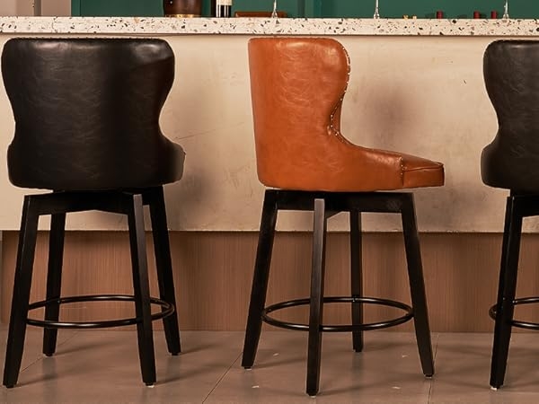 Traditional Swivel Bar Stool Wing Back Nailhead Trim Caramel Black
