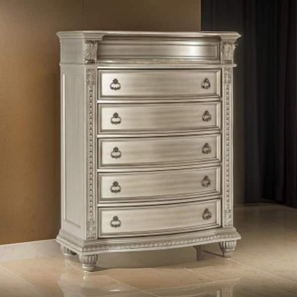 Traditional Tall Chest of Drawers with Ornate Carvings and Bun Feet