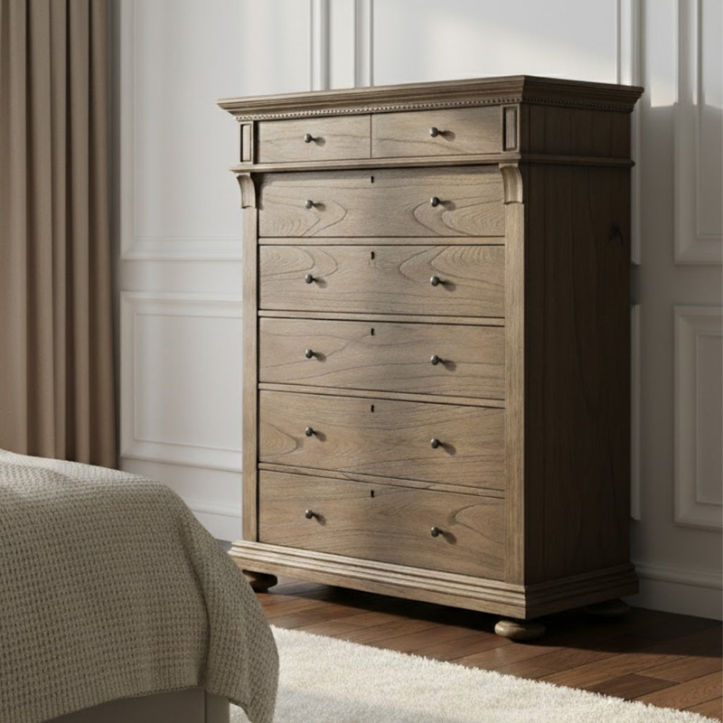 Traditional Wood Chest of Drawers with Tiered Sizes and Crown Molding