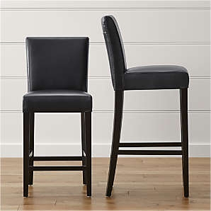 Transitional Bar Stool Square Backrest Dark Wood Base Leather Like